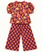Plum Floral Puff-Sleeve Palazzo Set for Girls — back flat lay