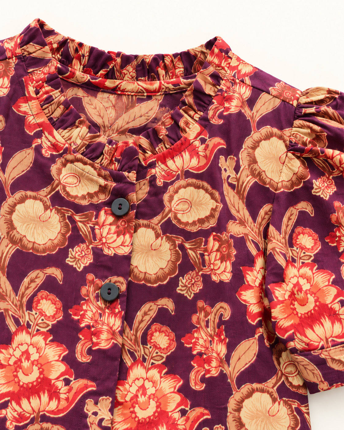 Plum Floral Puff-Sleeve Palazzo Set for Girls — floral fabric and button close-up