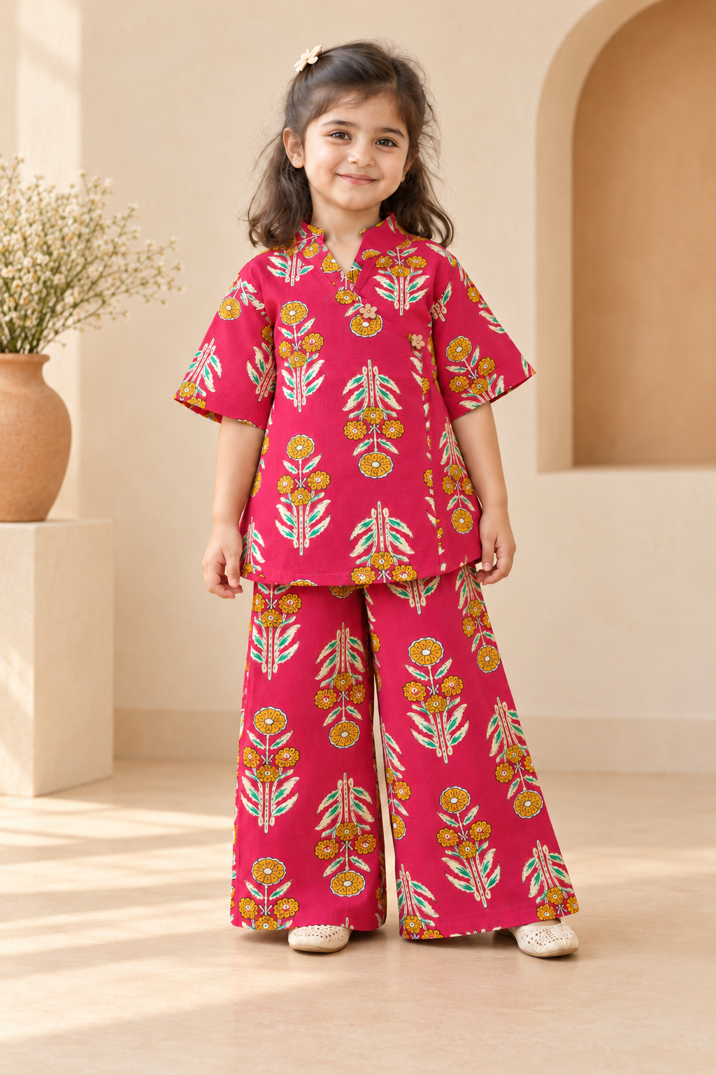 Rani Pink Floral Angrakha Palazzo Set for Girls — front hero