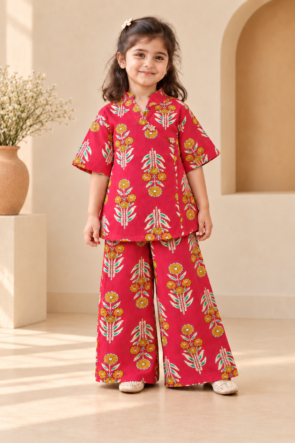 Rani Pink Floral Angrakha Palazzo Set for Girls — front model view