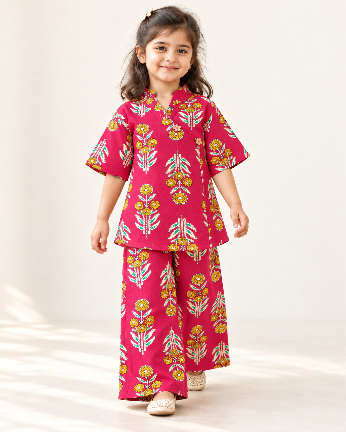 Rani Pink Floral Angrakha Palazzo Set for Girls — walking view