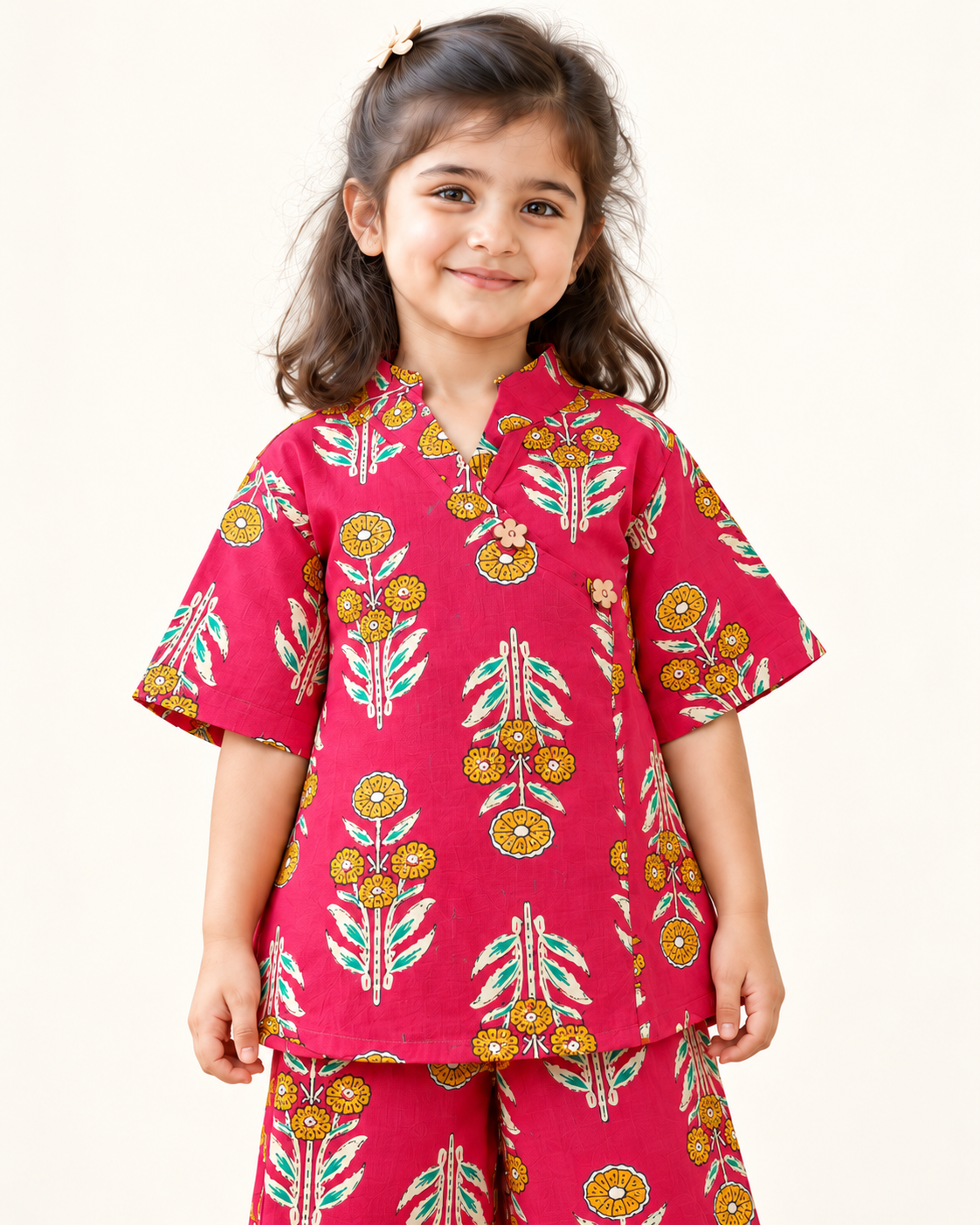 Rani Pink Floral Angrakha Palazzo Set for Girls — neckline and top detail