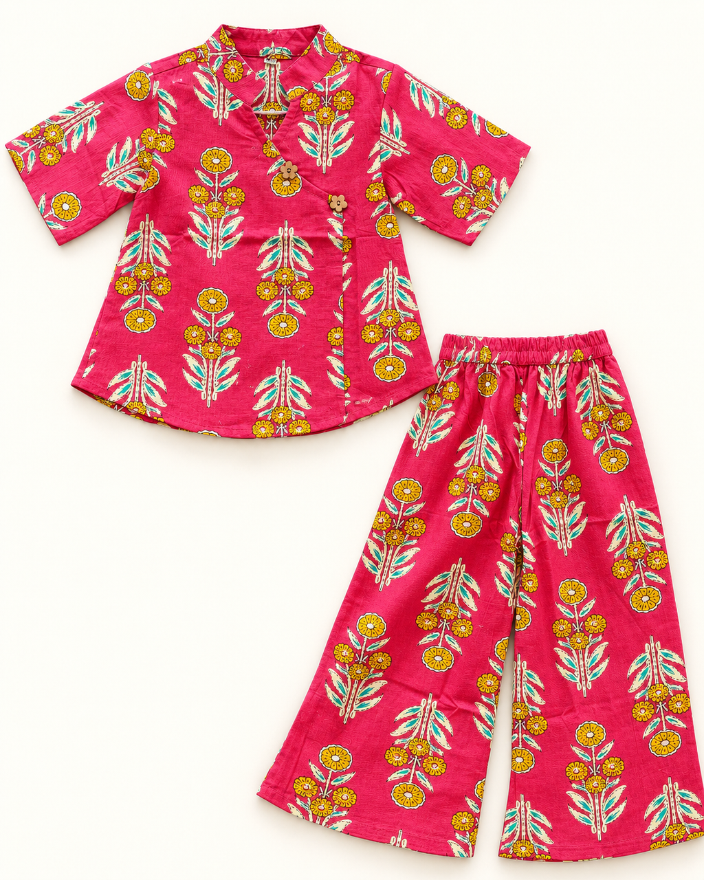 Rani Pink Floral Angrakha Palazzo Set for Girls — front flat lay showing both pieces