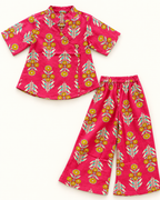 Rani Pink Floral Angrakha Palazzo Set for Girls — front flat lay showing both pieces
