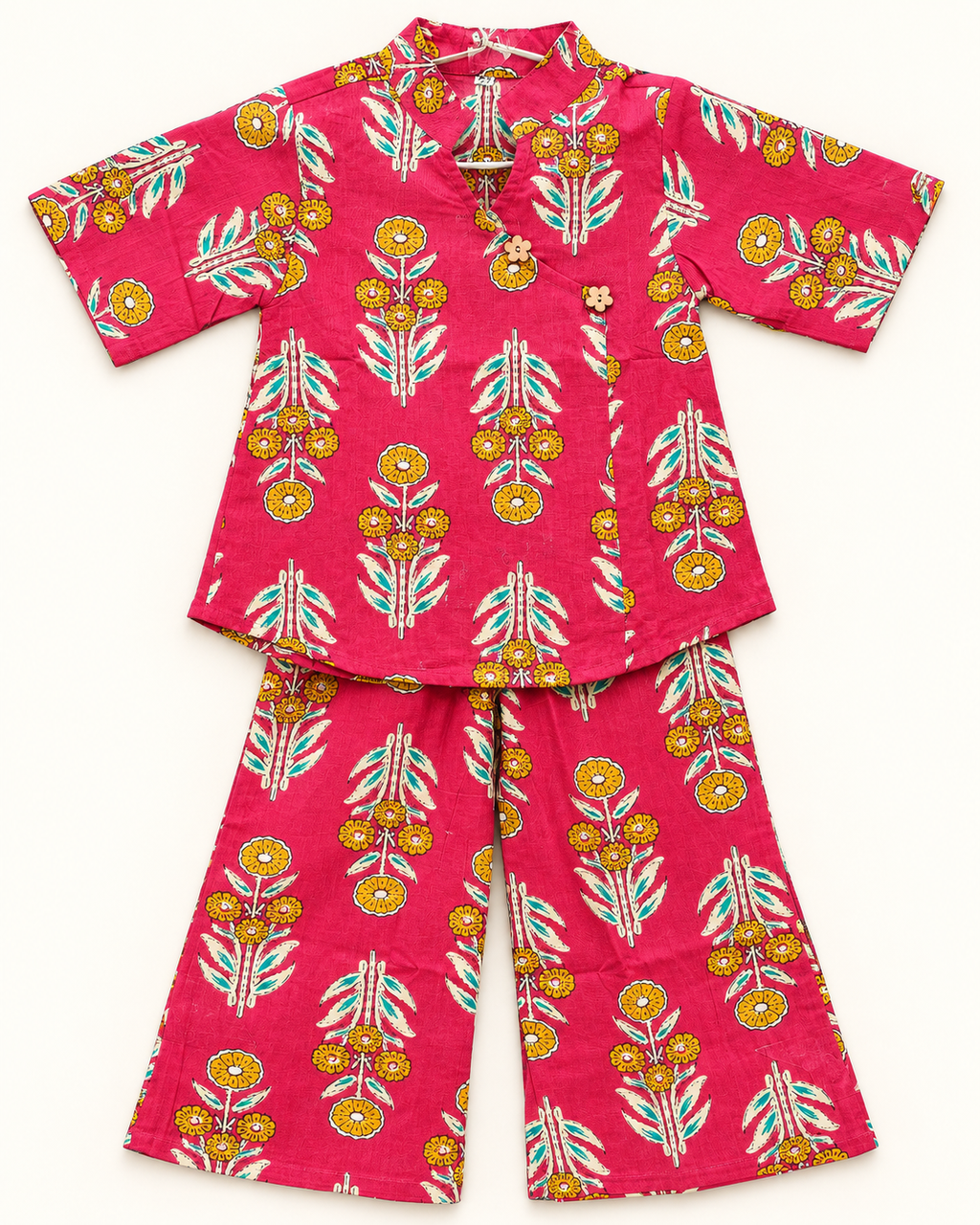 Rani Pink Floral Angrakha Palazzo Set for Girls — back flat lay