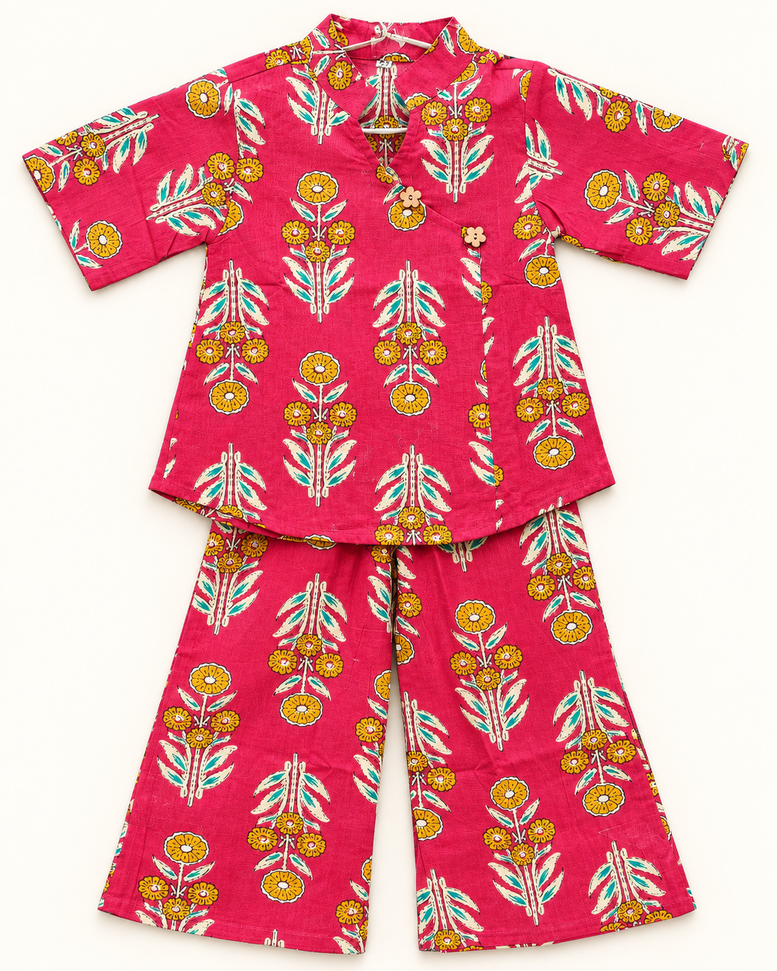 Rani Pink Floral Angrakha Palazzo Set for Girls — back flat lay