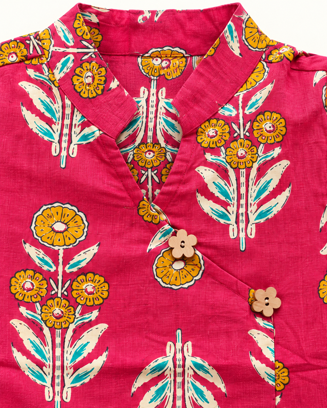 Rani Pink Floral Angrakha Palazzo Set for Girls — floral print and flower-button detail