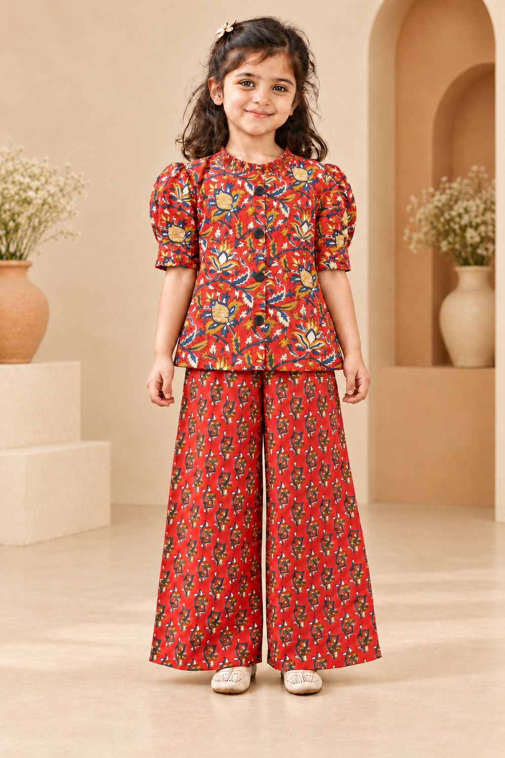 Red Floral Puff-Sleeve Palazzo Set for Girls — straight front view