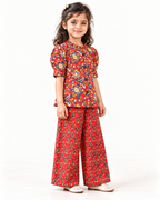 Red Floral Puff-Sleeve Palazzo Set for Girls — three-quarter view