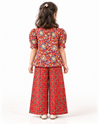 Red Floral Puff-Sleeve Palazzo Set for Girls — back model view