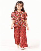 Red Floral Puff-Sleeve Palazzo Set for Girls — walking view