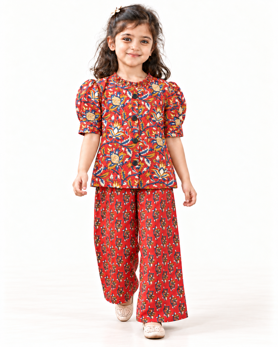 Red Floral Puff-Sleeve Palazzo Set for Girls — walking view