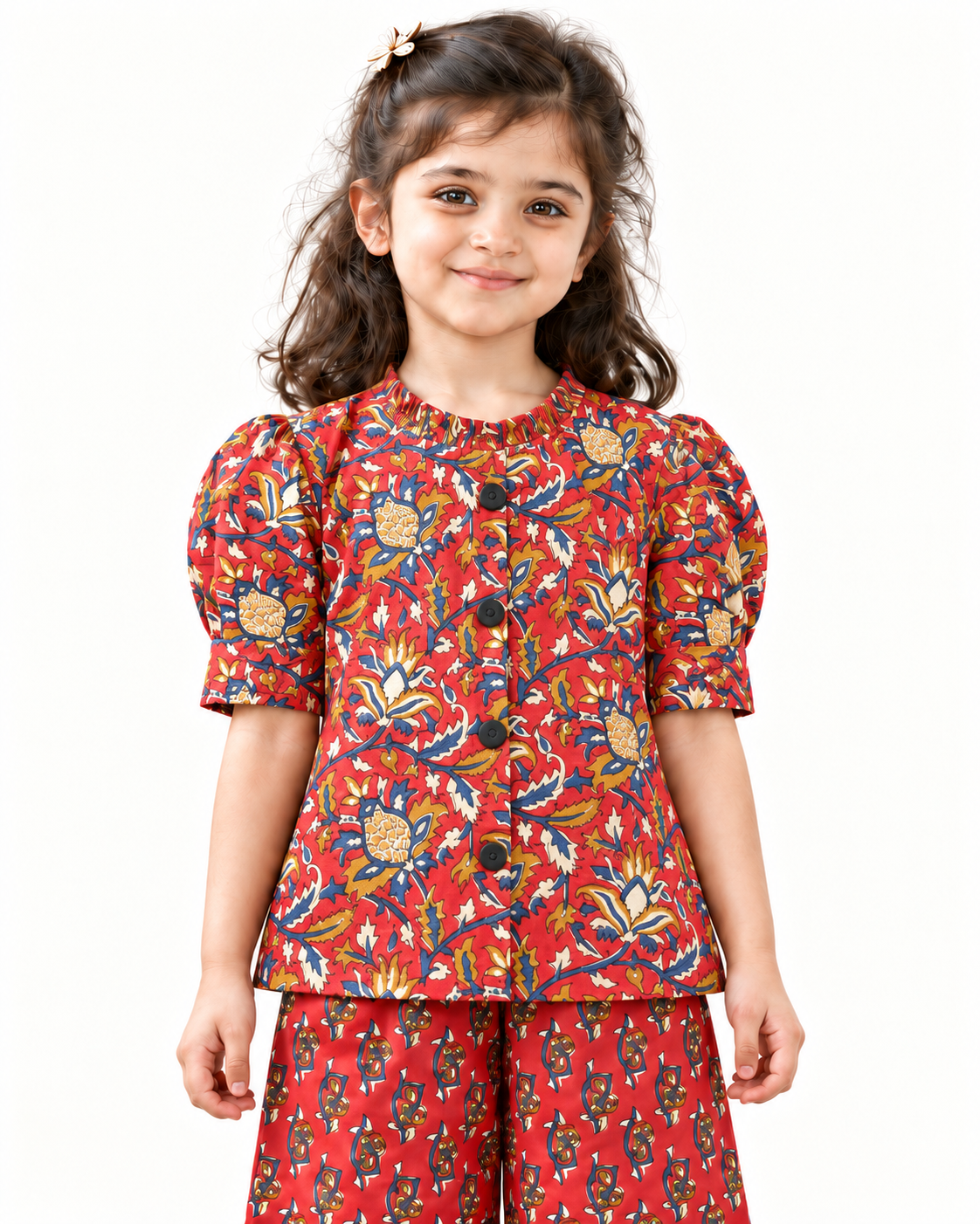 Red Floral Puff-Sleeve Palazzo Set for Girls — ruffled neckline and button detail