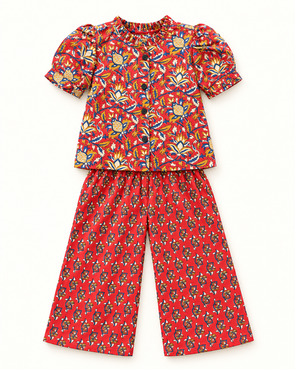 Red Floral Puff-Sleeve Palazzo Set for Girls — front flat lay