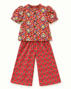Red Floral Puff-Sleeve Palazzo Set for Girls — front flat lay