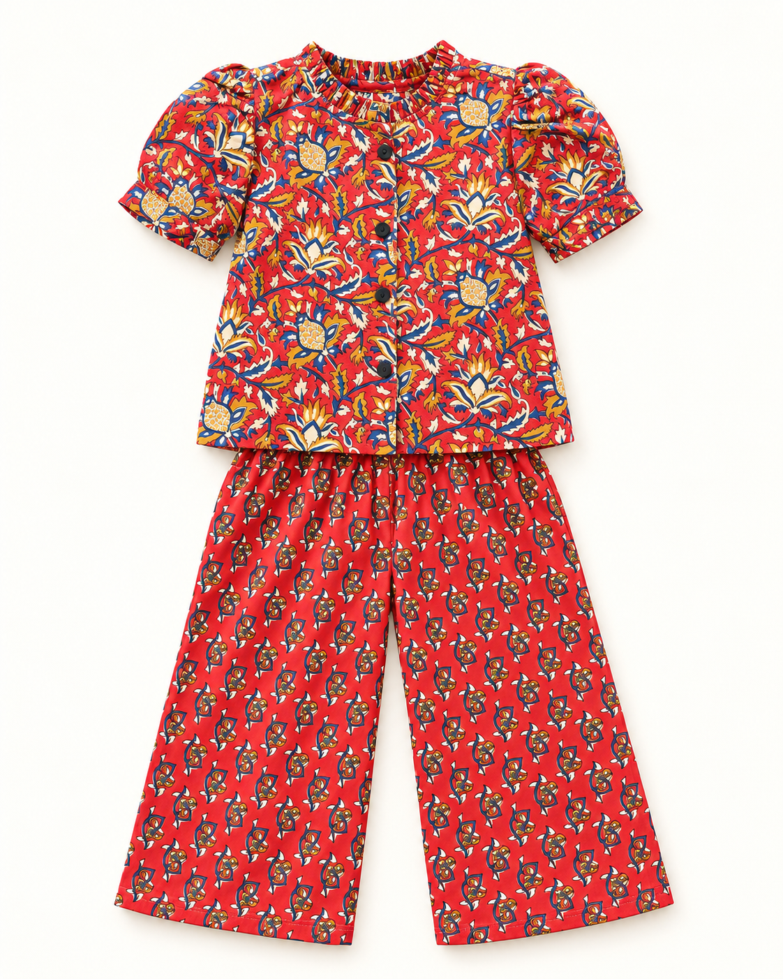 Red Floral Puff-Sleeve Palazzo Set for Girls — front flat lay