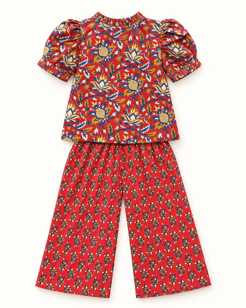 Red Floral Puff-Sleeve Palazzo Set for Girls — back flat lay