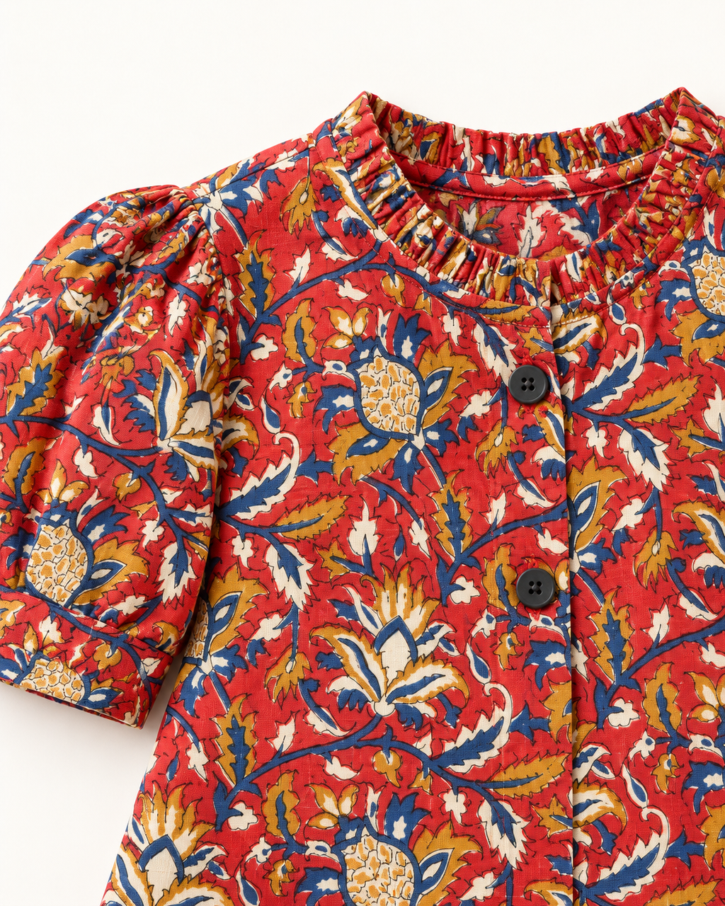 Red Floral Puff-Sleeve Palazzo Set for Girls — floral fabric and button close-up