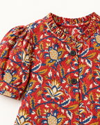 Red Floral Puff-Sleeve Palazzo Set for Girls — floral fabric and button close-up