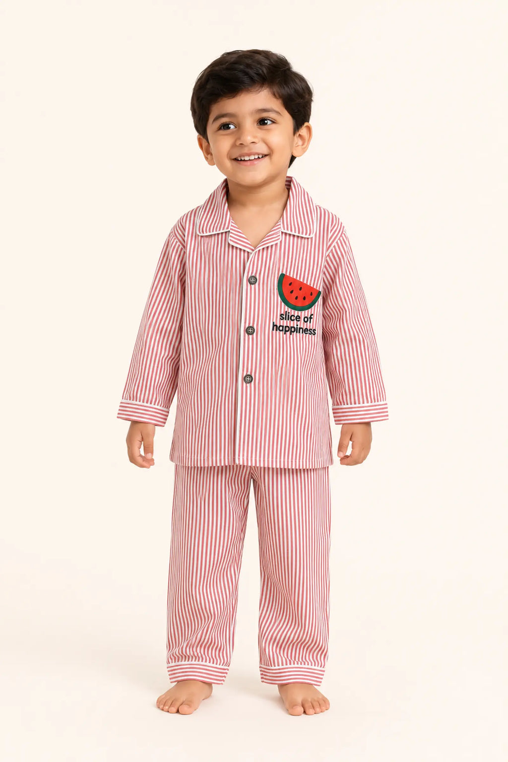 Boy wearing red striped Watermelon kids night suit, front view