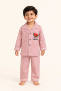 Boy wearing red striped Watermelon kids night suit, front view