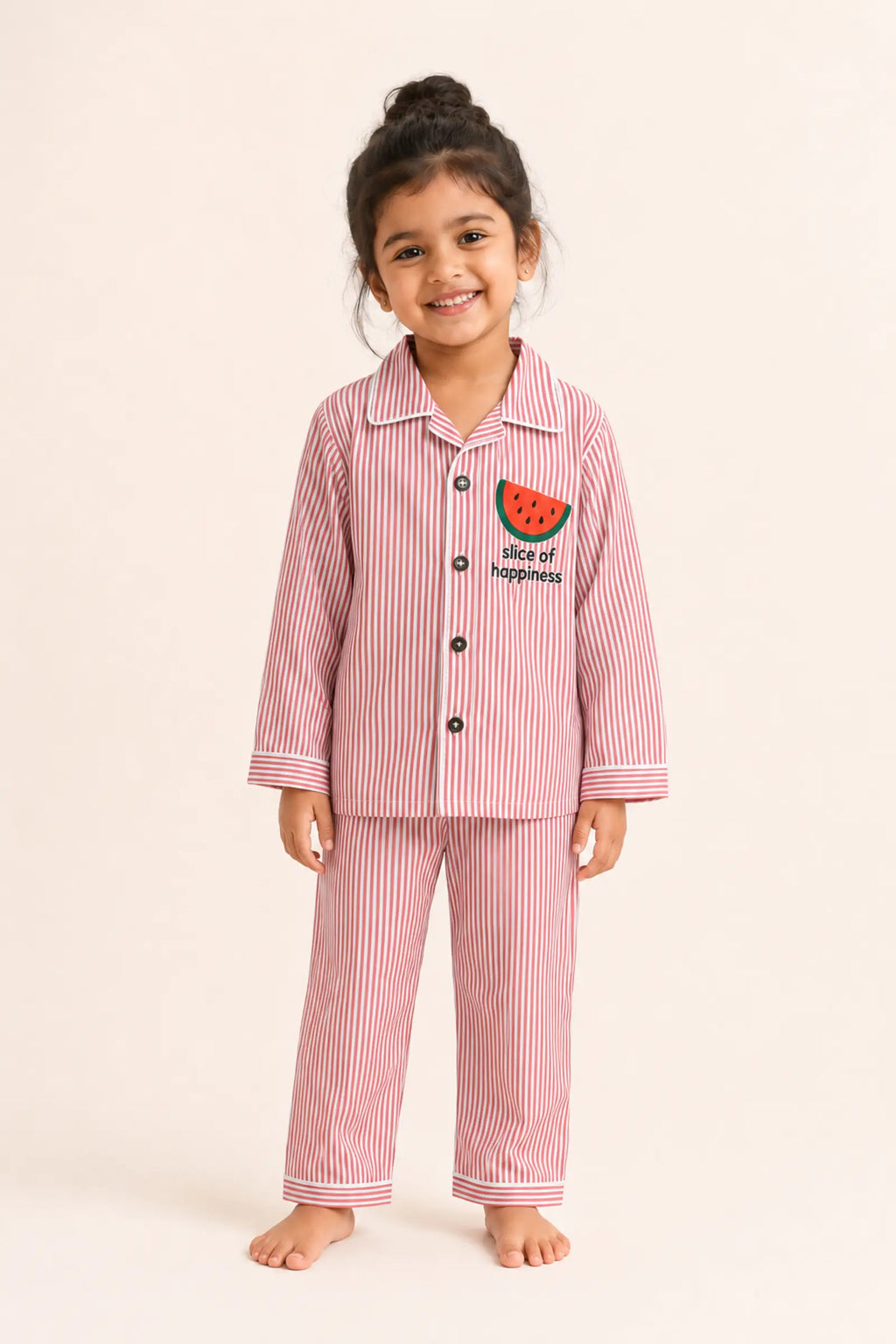 Girl wearing red striped Watermelon kids night suit, front view