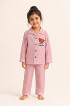 Girl wearing red striped Watermelon kids night suit, front view