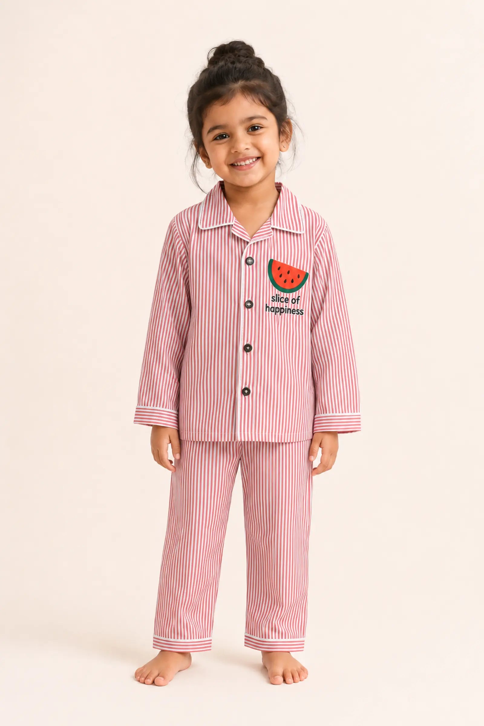 Girl wearing red striped Watermelon kids night suit, front view