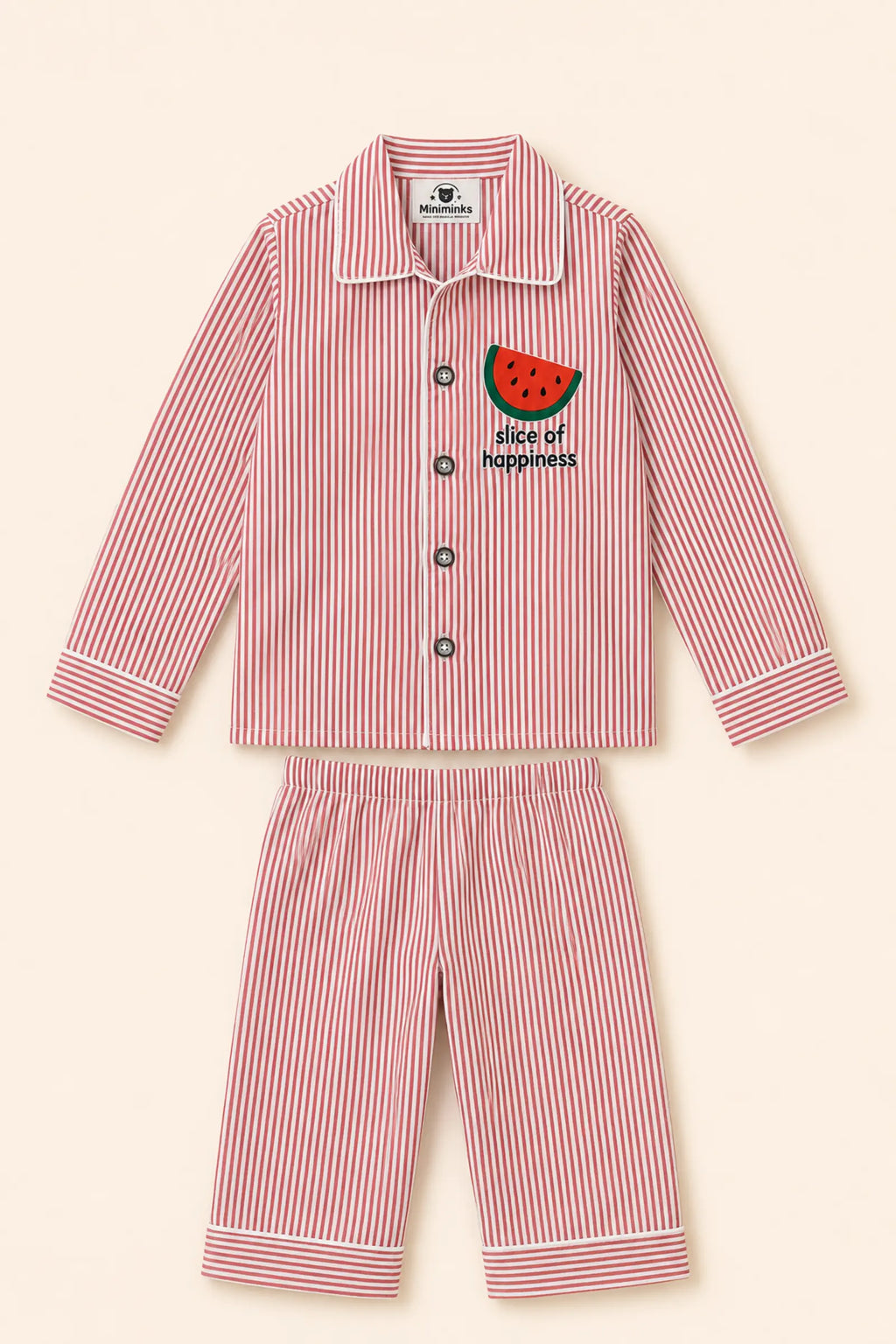 Red striped Watermelon night suit shirt, front view