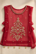 Ruby red organza outer top with cutdana handwork and coin hangings