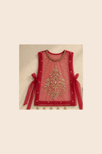 Ruby red transparent organza outer top with cutdana handwork and coin hangings, front view