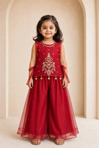 Girl in ruby red organza palazzo set, alternate front view