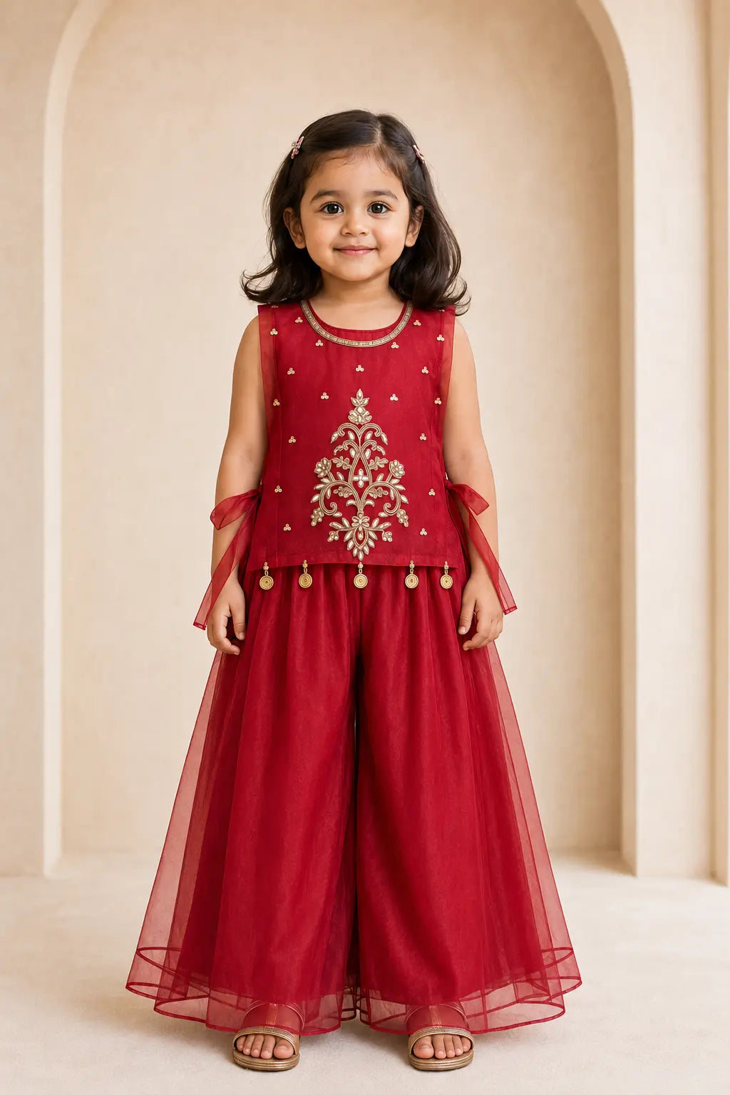 Girl in ruby red organza palazzo set, alternate front view