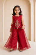 Girl wearing ruby red cutdana organza top and palazzo set, front view
