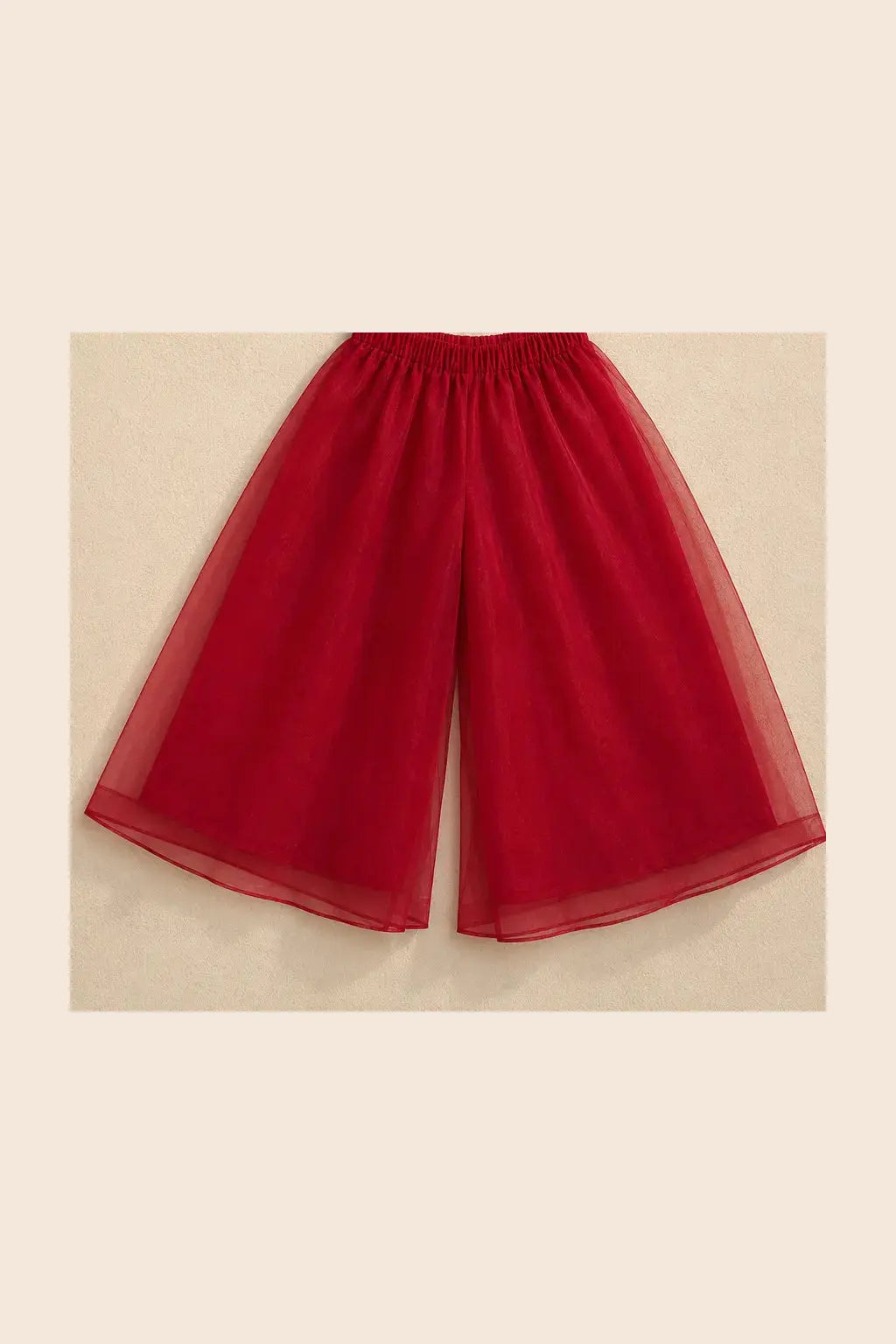 Ruby red lined organza palazzo with elastic waistband, standalone front view