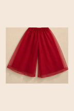 Ruby red lined organza palazzo with elastic waistband, standalone front view