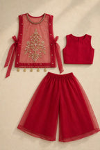 Ruby red organza outer top, soft silk inner top and palazzo laid flat