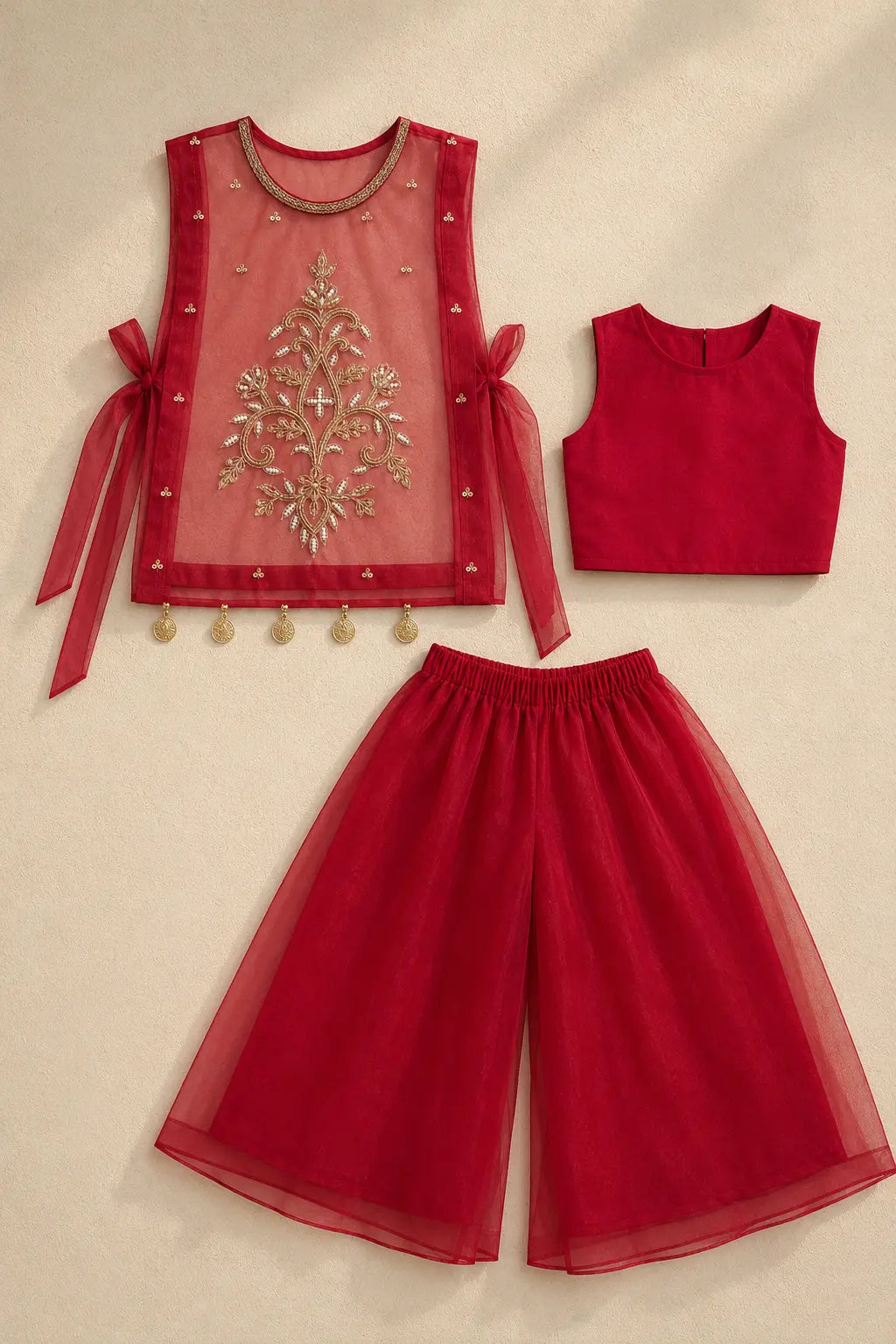 Ruby red organza outer top, soft silk inner top and palazzo laid flat
