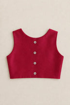 Back view of ruby red soft silk inner top with buttons