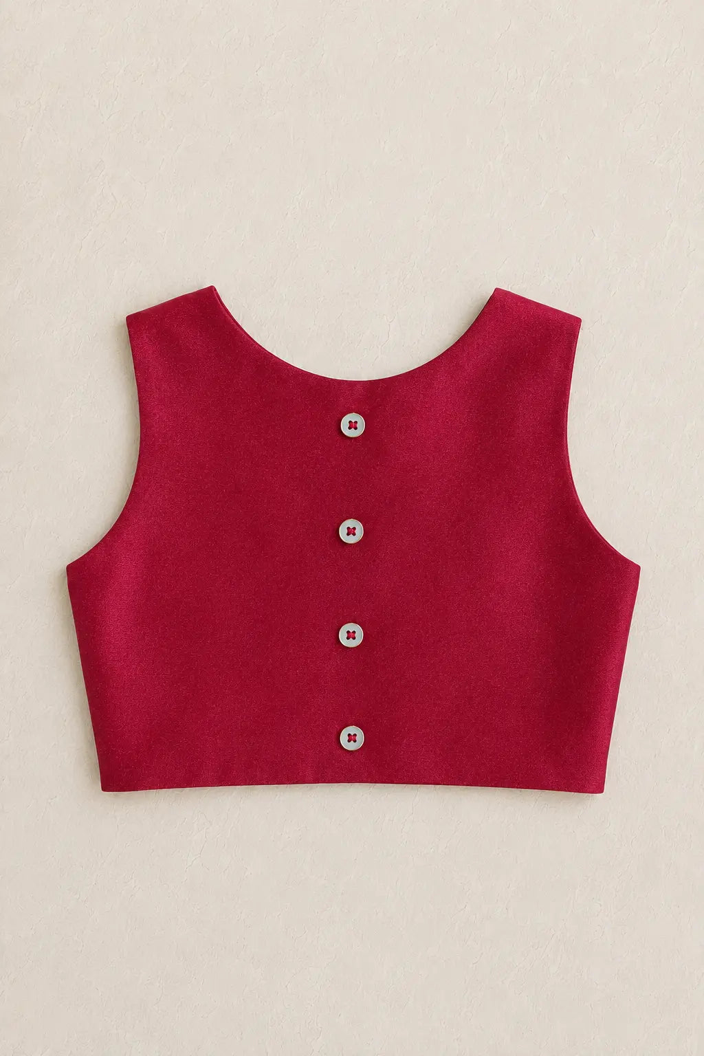 Back view of ruby red soft silk inner top with buttons