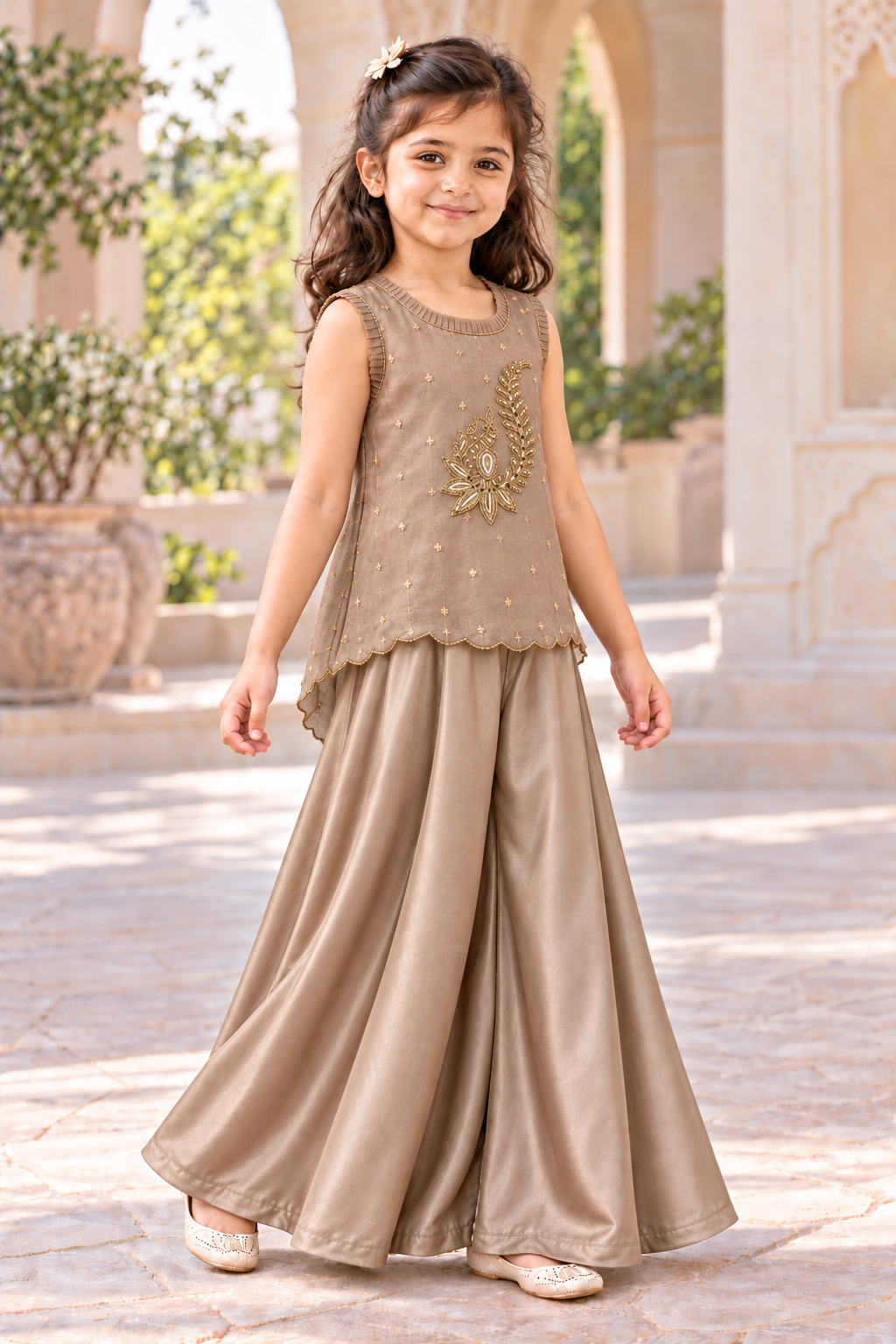 Three-quarter view of the sleeveless taupe gold handwork top and wide-flared satin palazzos