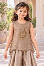 Closer view of the pleated round neckline and paisley-style front handwork