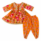 top and bottom shot of floral orange dress with gold trim