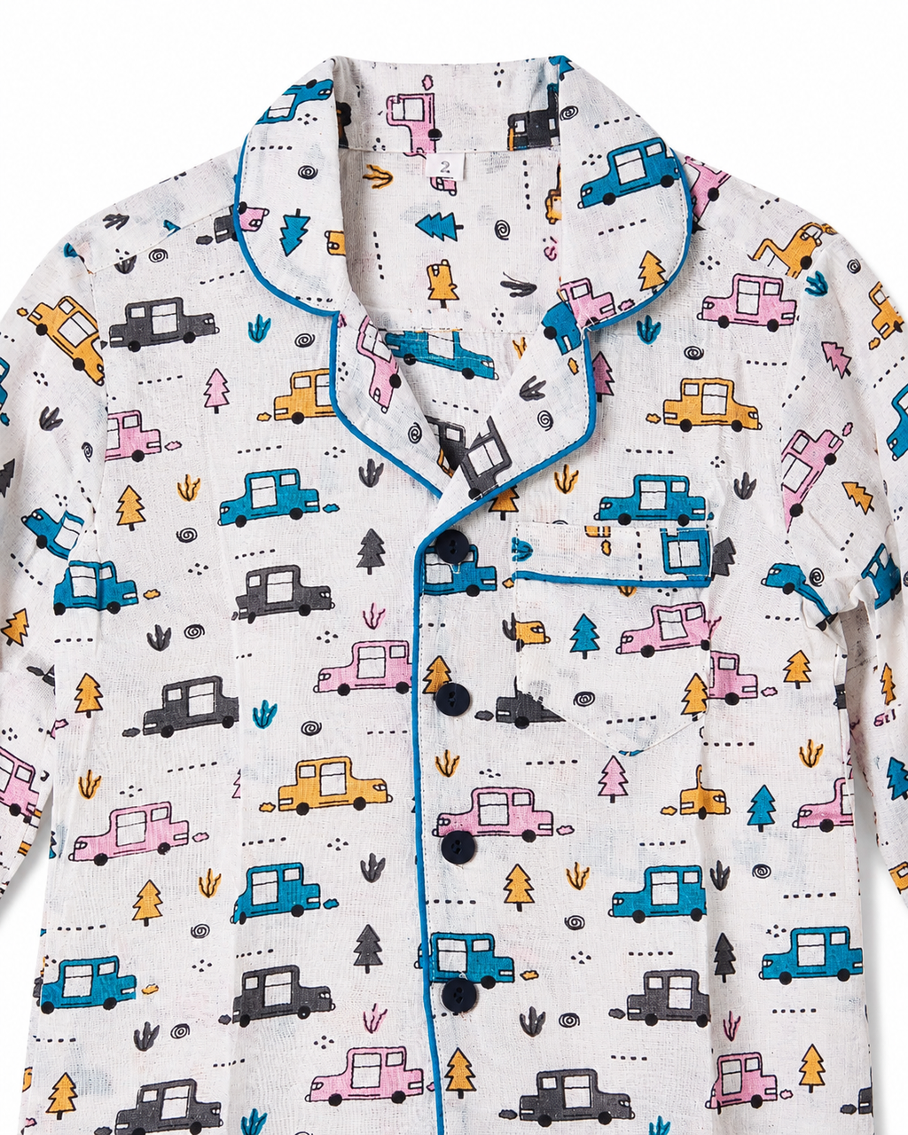 Children's pajama set with car pattern on a white background