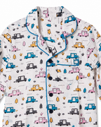 Children's pajama set with car pattern on a white background